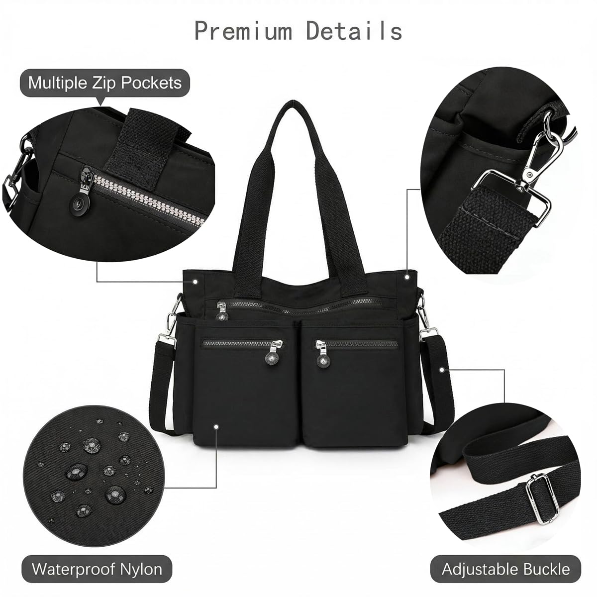 Lamprod Crossbody Aesthetic Tote Bag with zipper Shoulder Messenger School Bag Work Large multi pocket Tote Bag for Women Nylon Purse Casual Travel Handbag Commuter Tote(Black