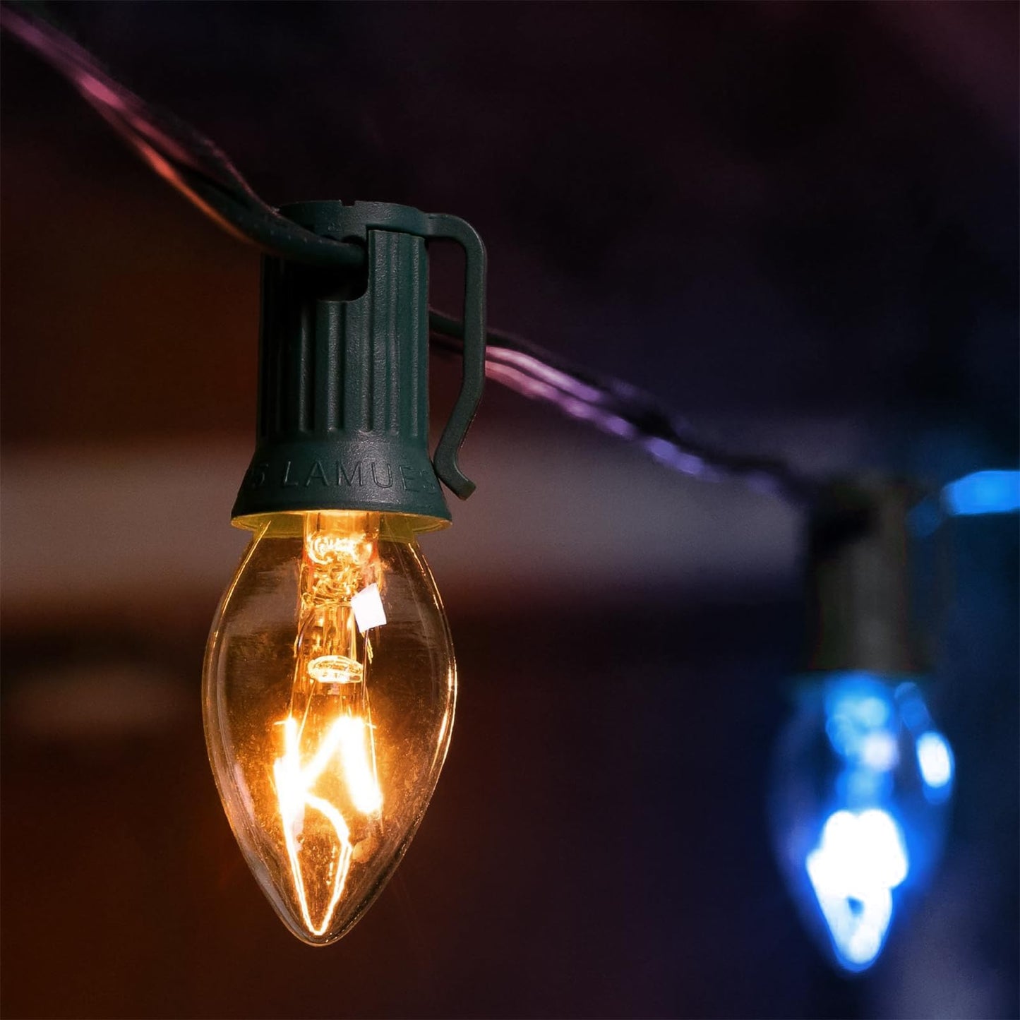 Minetom C9 Outdoor Christmas String Lights, 25 FT, Blue and Clear Bulbs, Green Wire, Model GYPI-O257AU