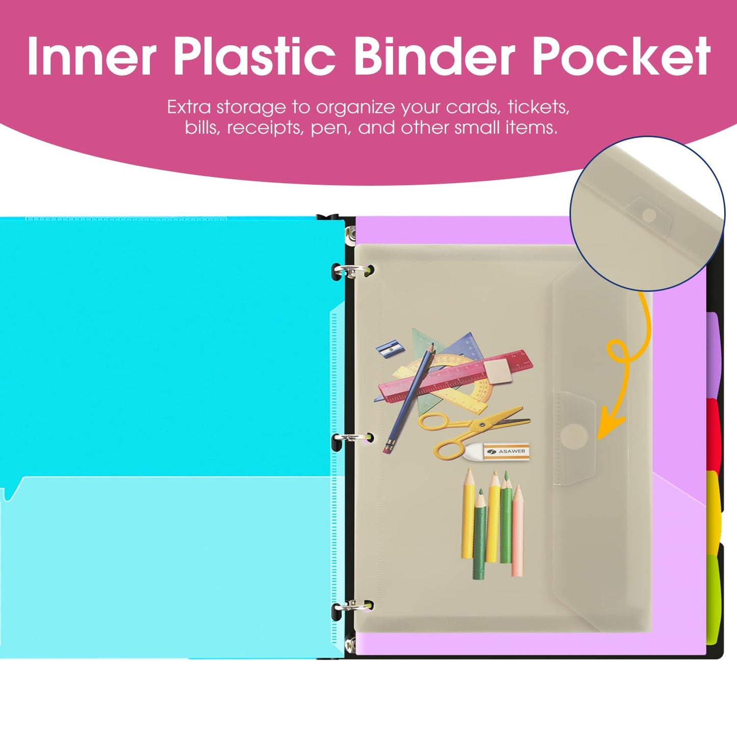 INFUN 1 Inch 3-Ring Telescoping Project Organizer Binder-2PCS,13 Pocket, Customizable Front Cover, 5 Colors Pocket Divider and Plastic Binder Pocket，225 Sheet Capacity-White