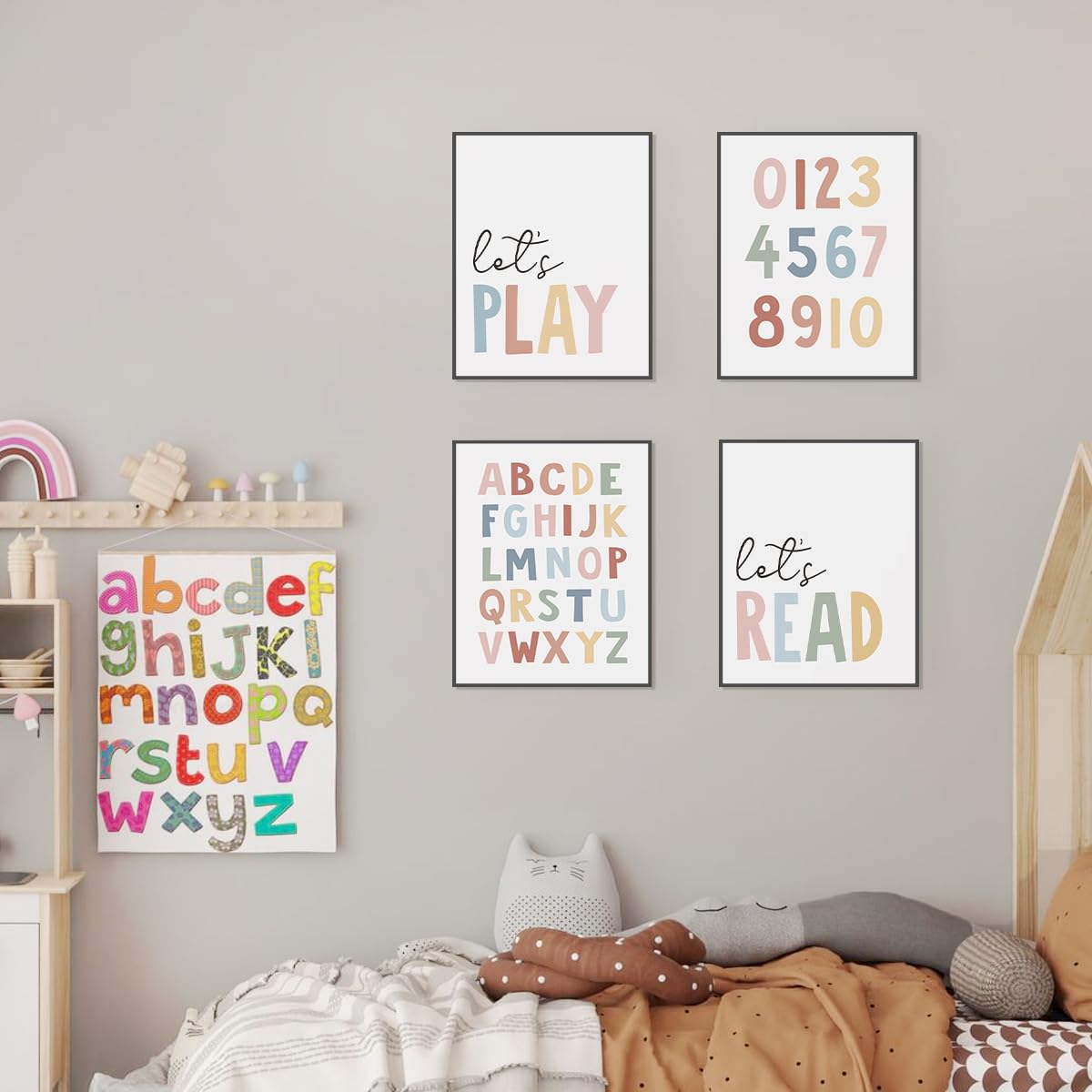 Let's Play Read Wall Art Set of 4，Educational Posters, Montessori Classroom Decor, Neutral Kids Decor,Alphabets Number Prints for Nursery Classroom Kids Room Toddler Playroom,8x10 Inch(Unframed)