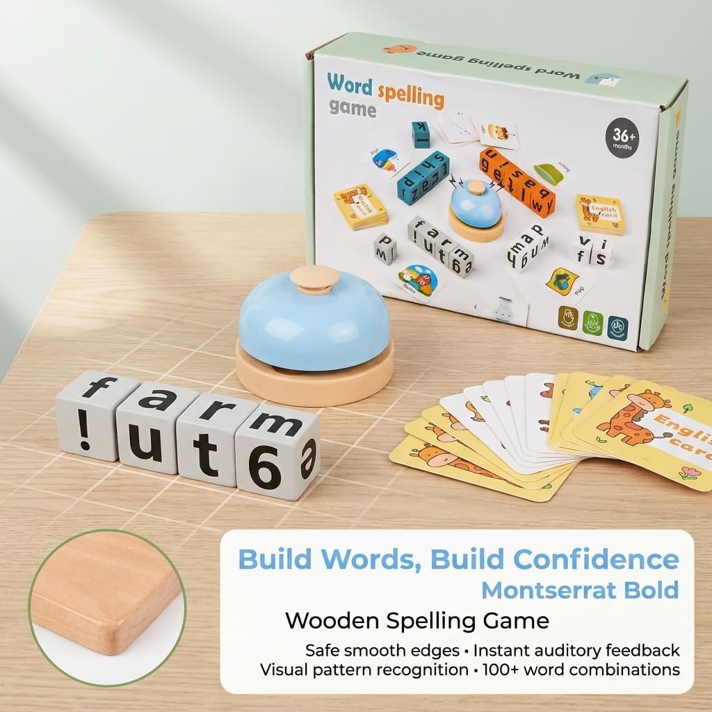 Wooden Word Spelling Game with Flash Cards, Alphabet Learning Set with Bell and Cube, Language Skills Recognition Tool for Educational Use