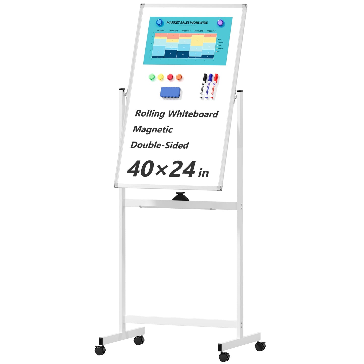 Large Rolling Whiteboard on Wheels, 40" x 24" Double-Sided Mobile White Board with Stand, Portable Standing Magnetic Dry Erase Board Easel for Home Office Classroom School, Silver