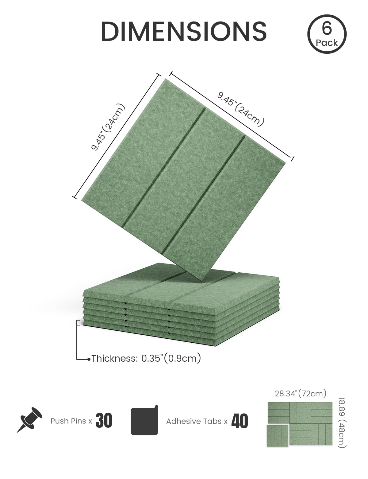 Felt Bulletin Board Tiles -28"x18" with 40 Adhesive Tabs, Cork Board Alternative for Office Decor, Push Pin Board Wall Organizer 6-Pack (Moss Green)