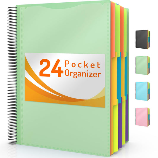 Forvencer 24 Pocket Project Organizer, 1/3-cut Tab Binder Organizer with Sticky Labels, Multi Pocket Folder with Zipper Pouch, Folder Binder Spiral Pocket Notebook, Office Supplies