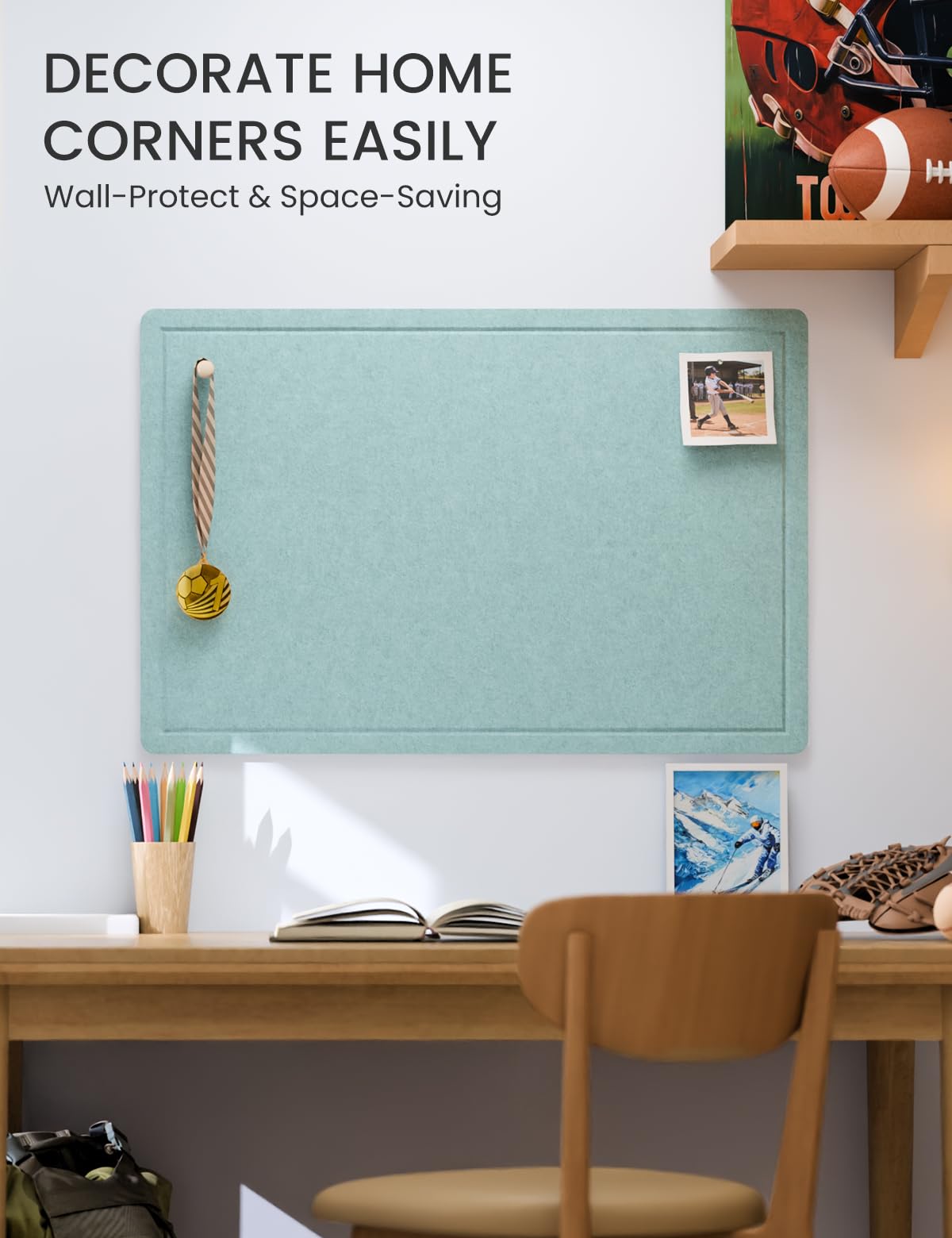 Fluxynara Bulletin Board,35.4" x 23.6" Cork Board Alternative with 12 Safe Removable Adhesive Tabs, Foldable Felt Pin Board for Home Office, Classroom, Bedroom,Entryway for Walls—Aqua Blue