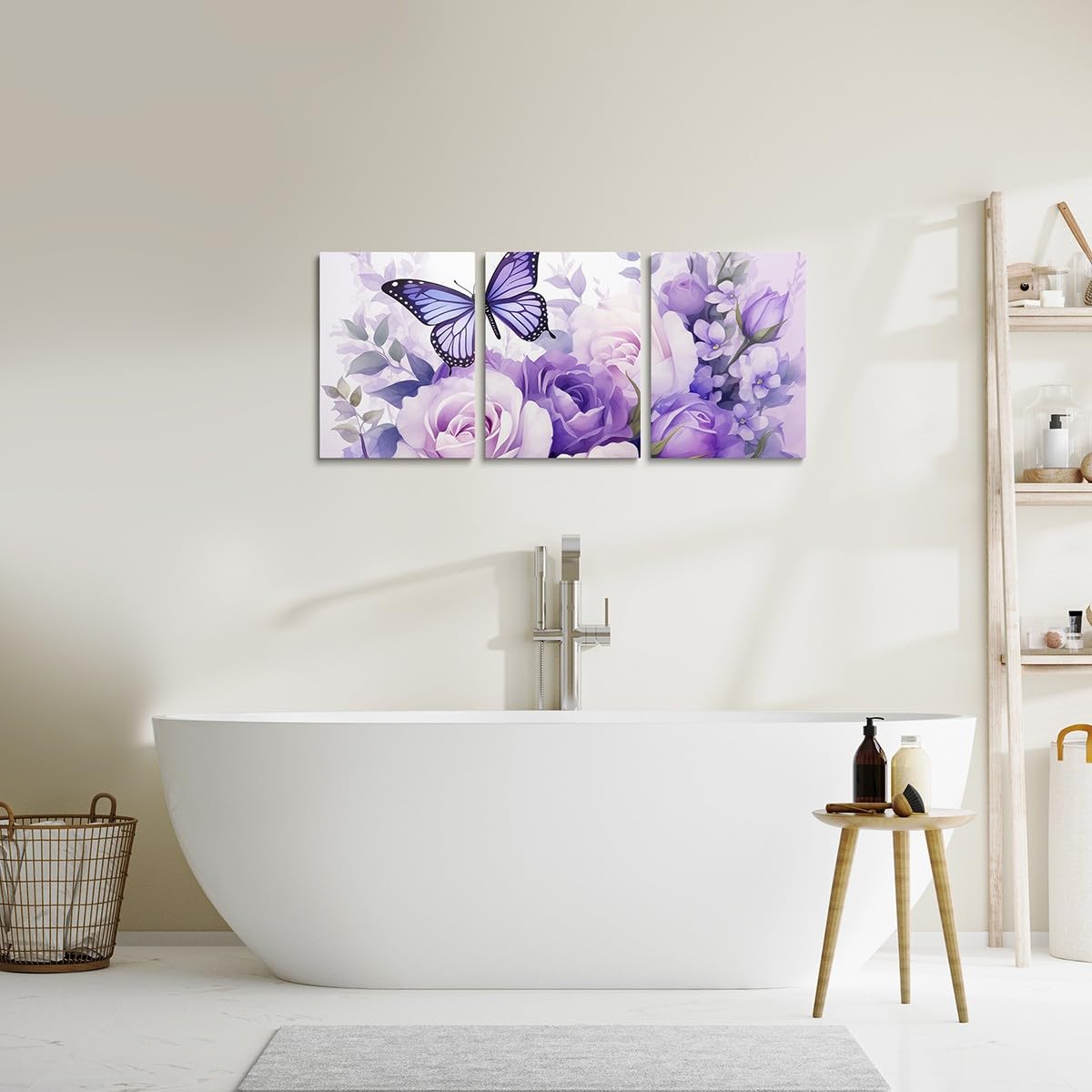 Feelyou Purple Rose 3 Piece Canvas Wall Art for Living Room Bedroom Butterfly Wall Art for Home Decor Floral Flower Office Wall Decor Romantic Theme Wall Painting