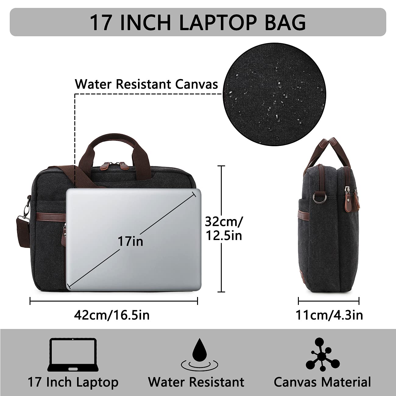RAVUO Laptop Bag for Men, Water Resistant 17.3 Inch Laptop Messenger Bag Slim Canvas Briefcase for Work Business Black