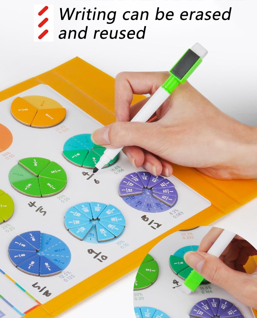 Magnetic Fraction Educational Puzzle for Kids, New Magnetic Fraction Tiles & Fraction Circles, Math Manipulatives Enhance Early Primary School Students Mathematical Skills(Hippo Style)
