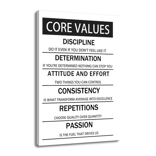 Core Values Motivational Wall Art Canvas Poster Black and White Inspirational Painting Print Artwork for Living Room Office Gym Modern Home Wall Decor Artwork Framed Ready to Hang [24''W x 36''H]