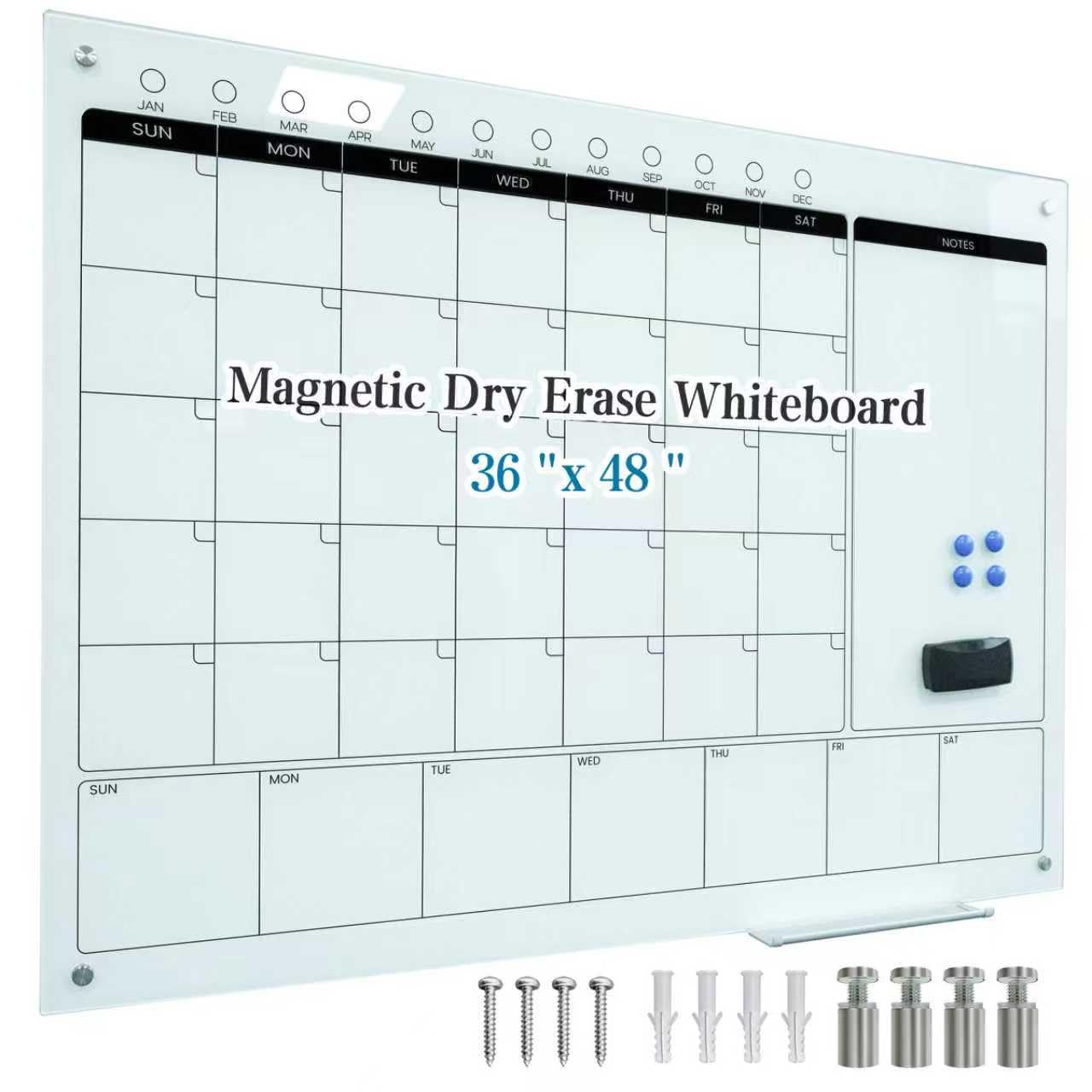 Magnetic Glass Whiteboard Calendar 48"x36" Glass Dry Erase Calender Board 36"x48" Monthly Plan White GlassBoard Wall Mounted for Office School Home (White)