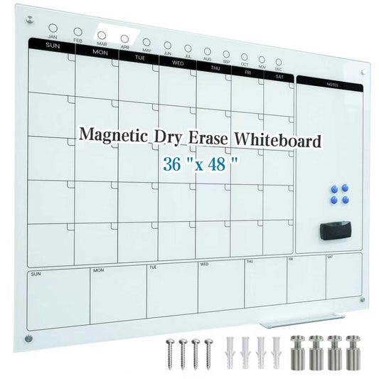 Magnetic Glass Whiteboard Calendar 48"x36" Glass Dry Erase Calender Board 36"x48" Monthly Plan White GlassBoard Wall Mounted for Office School Home (White)