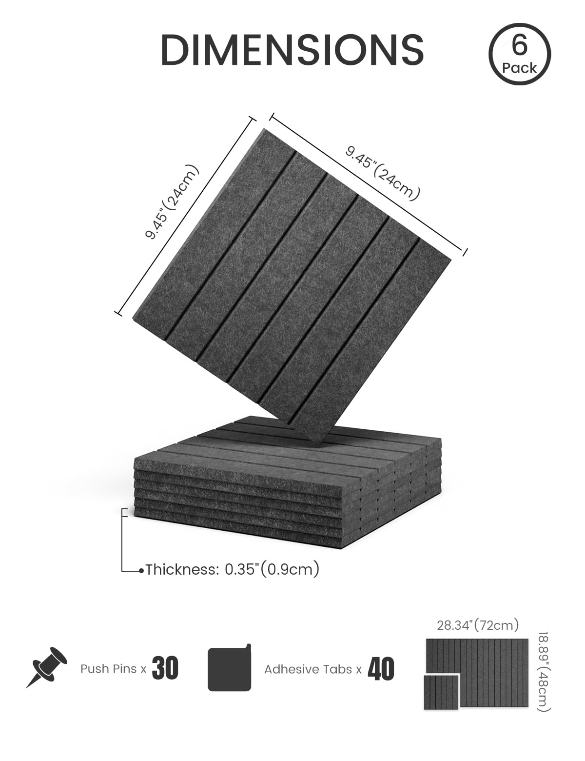 Felt Bulletin Board Tiles -28"x18" with 40 Adhesive Tabs, Cork Board Alternative for Office Decor, Push Pin Board Wall Organizer 6-Pack (Charcoal Gray)