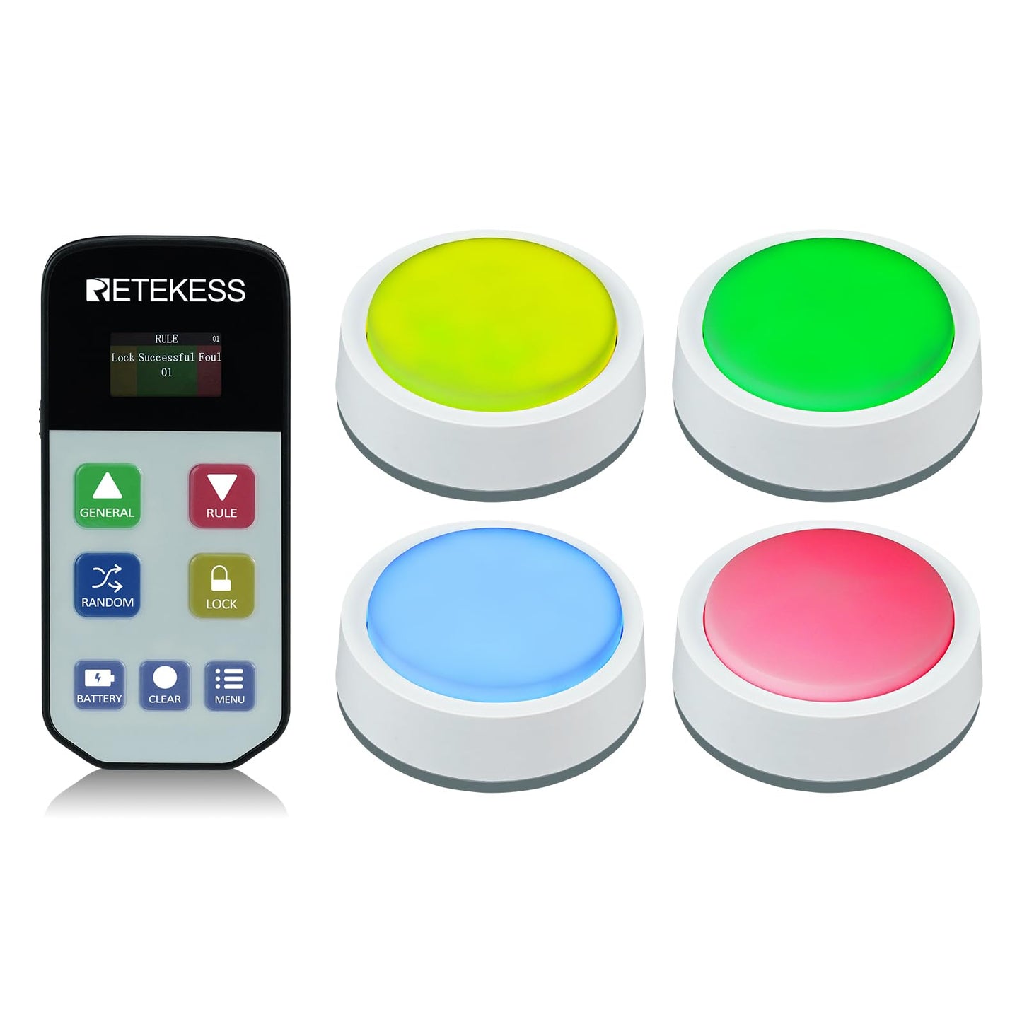 Retekess TM102 Trivia Buzzers,Jeopardy Buzzers,3 Working Modes,66ft,Physical Switches,Family Feud Game for Adults with 4 Rechargeable Buzzers