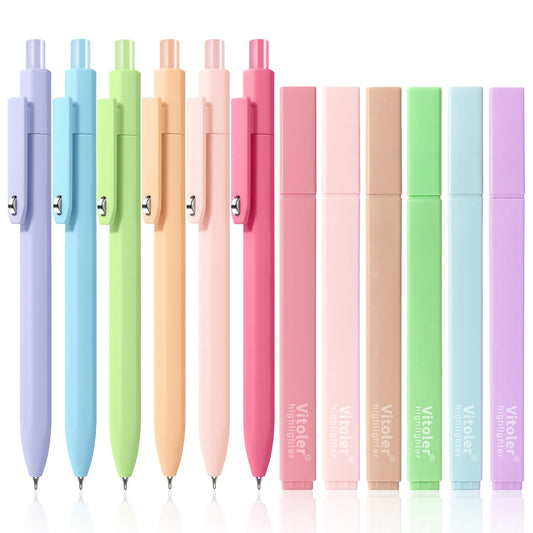 Piochoo Aesthetic Highlighters and Gel Pens, 12 Pack, Assorted Colors Cute Highlighter,0.5mm Black Ink Pens for Journaling Planner Notes Supplies
