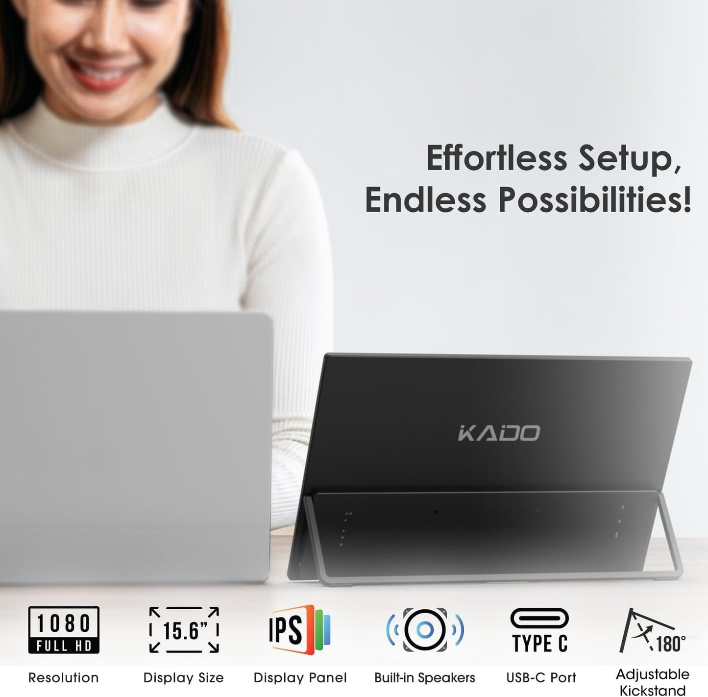 Kado 15.6" Full HD Portable Monitor, Second Display IPS 1920x1080 HDMI USB-C Laptop Screen Extender, 180° Adjustable Kickstand, Wall/Arm Mount for PC, Mac, Phone, Dex, Tablet, Xbox, PS4/PS5 and Switch