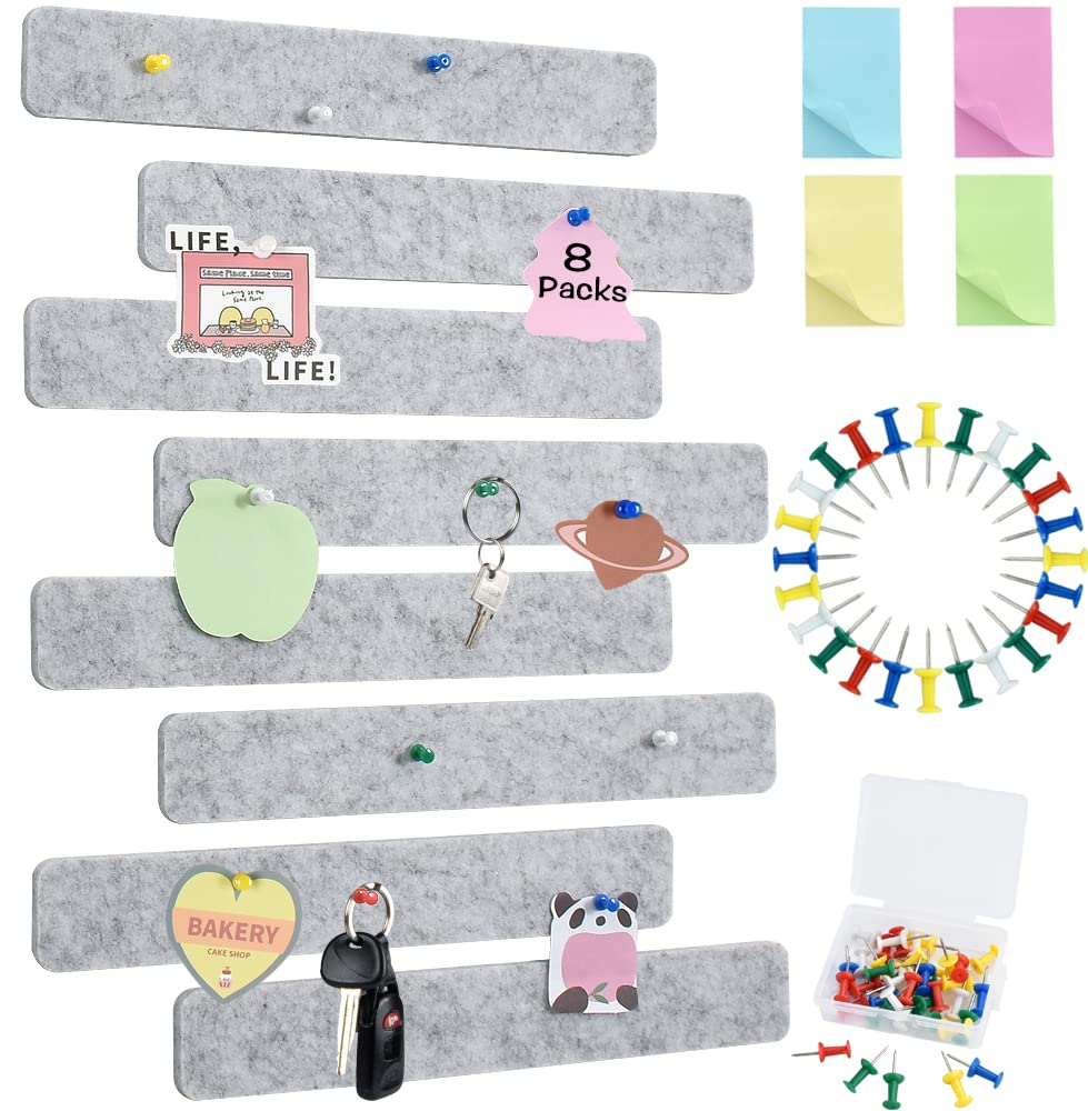 Vuzvuv 8Pcs Light Grey Cork Board Bar Strips with 50 Pushpins & Sticky Notes, Self-Adhesive Bulletin Board Strips No Damage for Wall, Felt Pin Board for Paste Notes, Photos, Schedules Office Decor