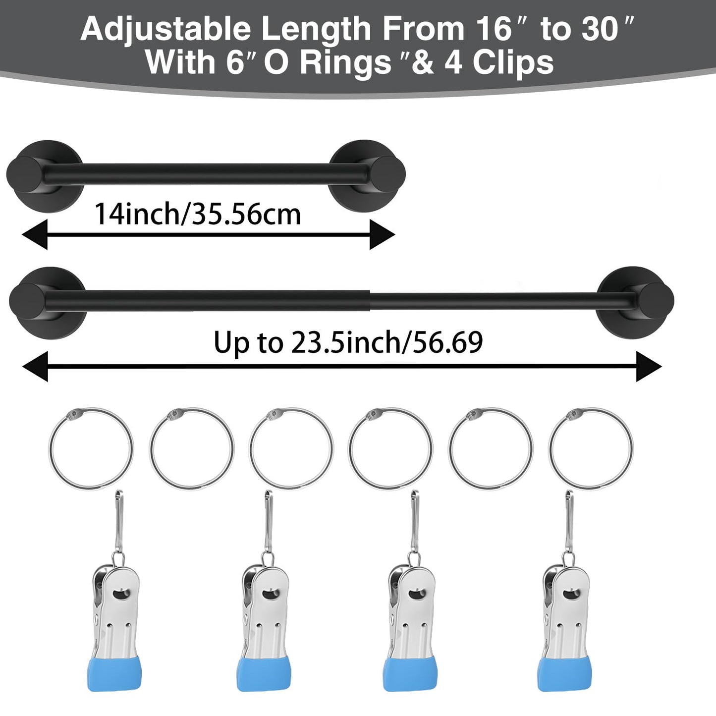 Rukinovi Heavy Duty Magnetic Holder Anchor Chart Organizer,Adjustable Calendar Display for Teachers,Stainless Steel Black 14"-30" Rod with 6 Rings & 4 Clips for Classroom, Home,Kitchen (Black)