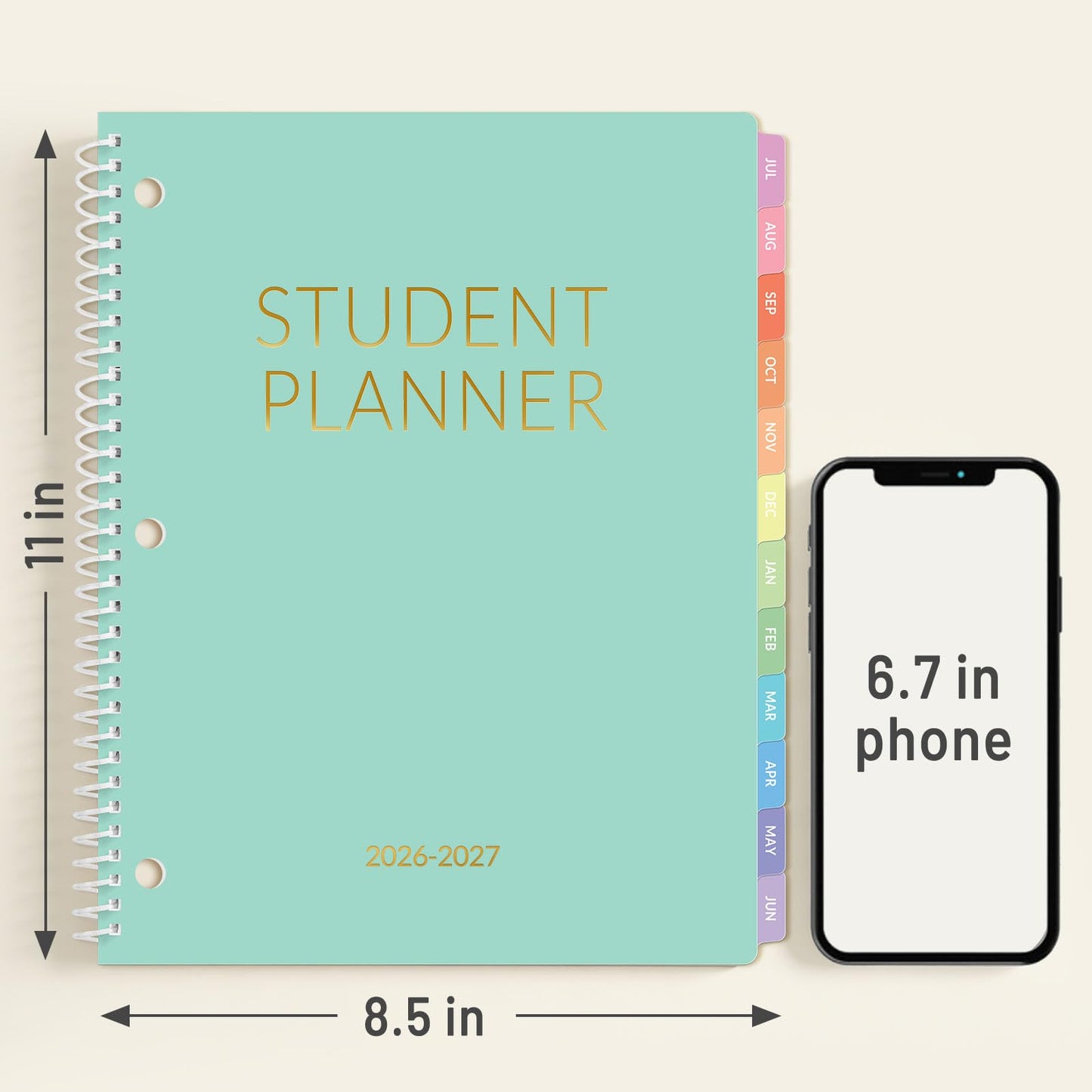 SUNEE Student Planner 2026-2027, Academic Weekly & Monthly School Planner, July 2026 - June 2027, 8.5" x 11" Lesson Plan Book with Weekly Goals, Monthly Tabs, Bookmark & 3-Hole Punch, Mint Green