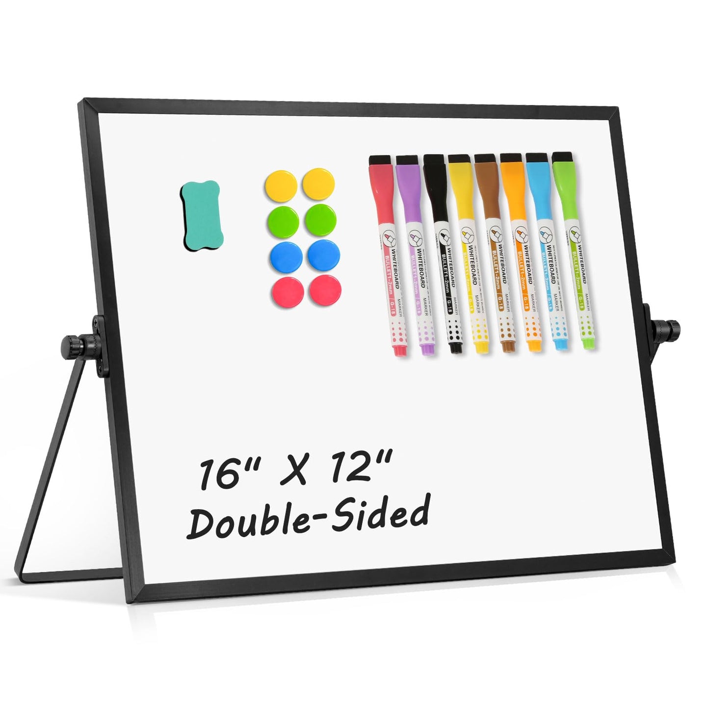 AMUSIGHT Dry Erase Magnetic White Board, 16" x 12" Black Framed Double-Sided Desktop Whiteboard with Stand, Portable Small Whiteboard Set for Drawing, Office, Home, School