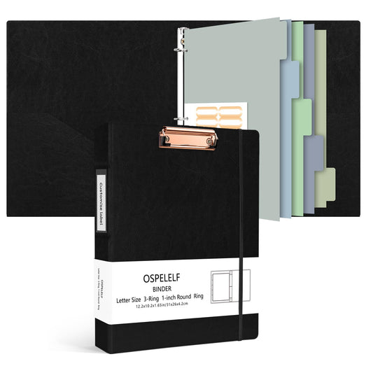 Ospelelf 3 Ring Clipboard Binder 1 Inch Leather for Letter Size (8.5" x 11"), Clipboard Binder with 5 Tab Dividers, Black