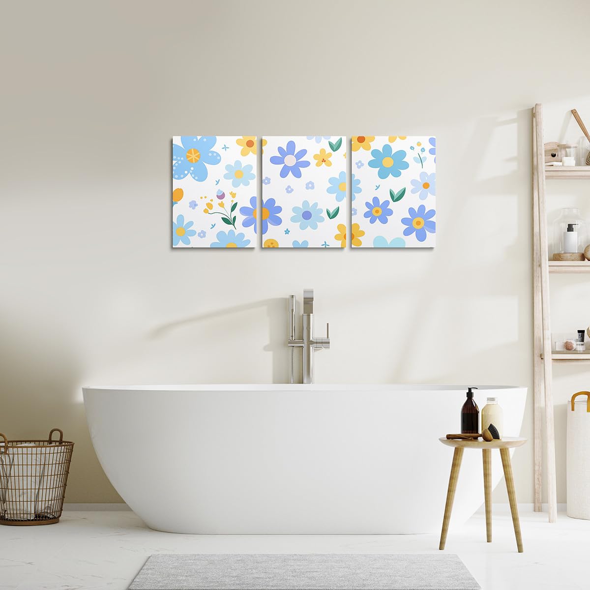 Feelyou Cute Flower 3 Piece Canvas Wall Art for Living Room Bedroom Cartoon Cute Floral Office Decor Artwork Blue Yellow Wall Art for Home Decor Kawaii Picture Posters