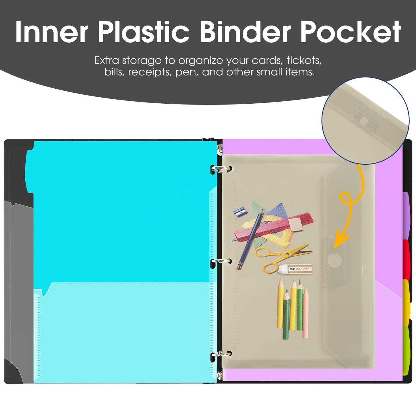 INFUN 1 Inch 3-Ring Telescoping Project Organizer Binder,13 Pocket, Customizable Front Cover, 5 Colors Pocket Divider and Plastic Binder Pocket，225 Sheet Capacity-Black