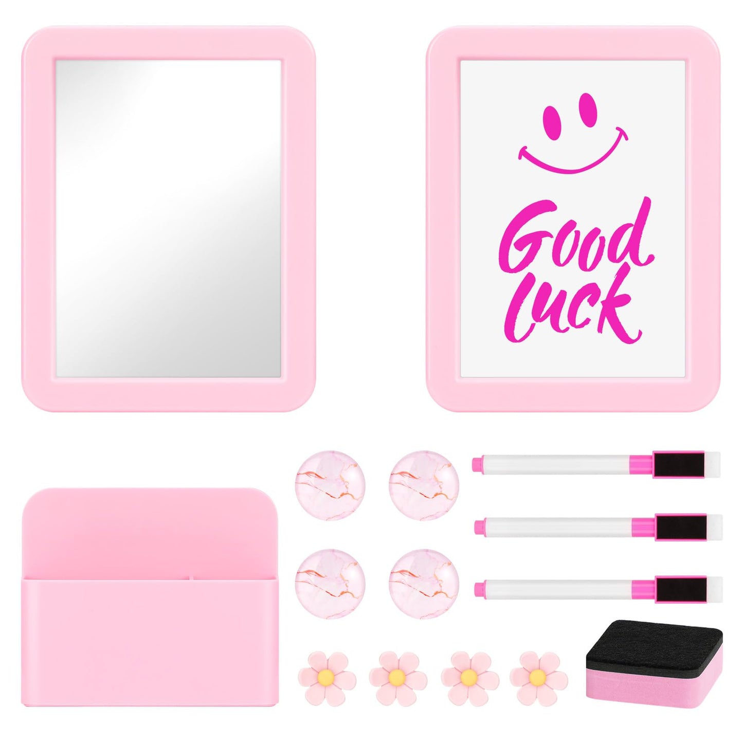 MoKo Locker Accessories Set, 15PCS Back to School Supplies Includes Magnetic Mirror, Whiteboard, Markers, Pen Holder, Magnets, Locker Organizer for School Office (Pink)