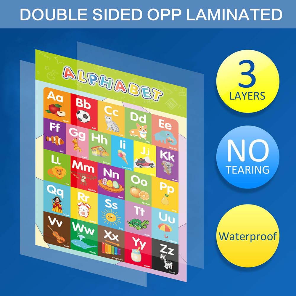 16 Pack Laminated Preschool Learning Posters for Toddlers, Waterproof Classroom & Homeschool Educational Wall Charts with Alphabet, Numbers, Math & Solar System, 16.5 × 11 in, Adhesive Dots Included