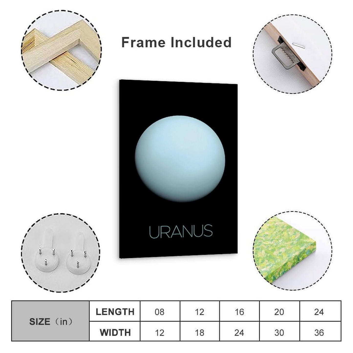 Solar System Planets Canvas Wall Art - Uranus Planet Space Poster for Kids Room Bedroom Classroom, STEM Educational Astronomy Decor, Science Gift for Boys Girls, 16x24 Inch Framed