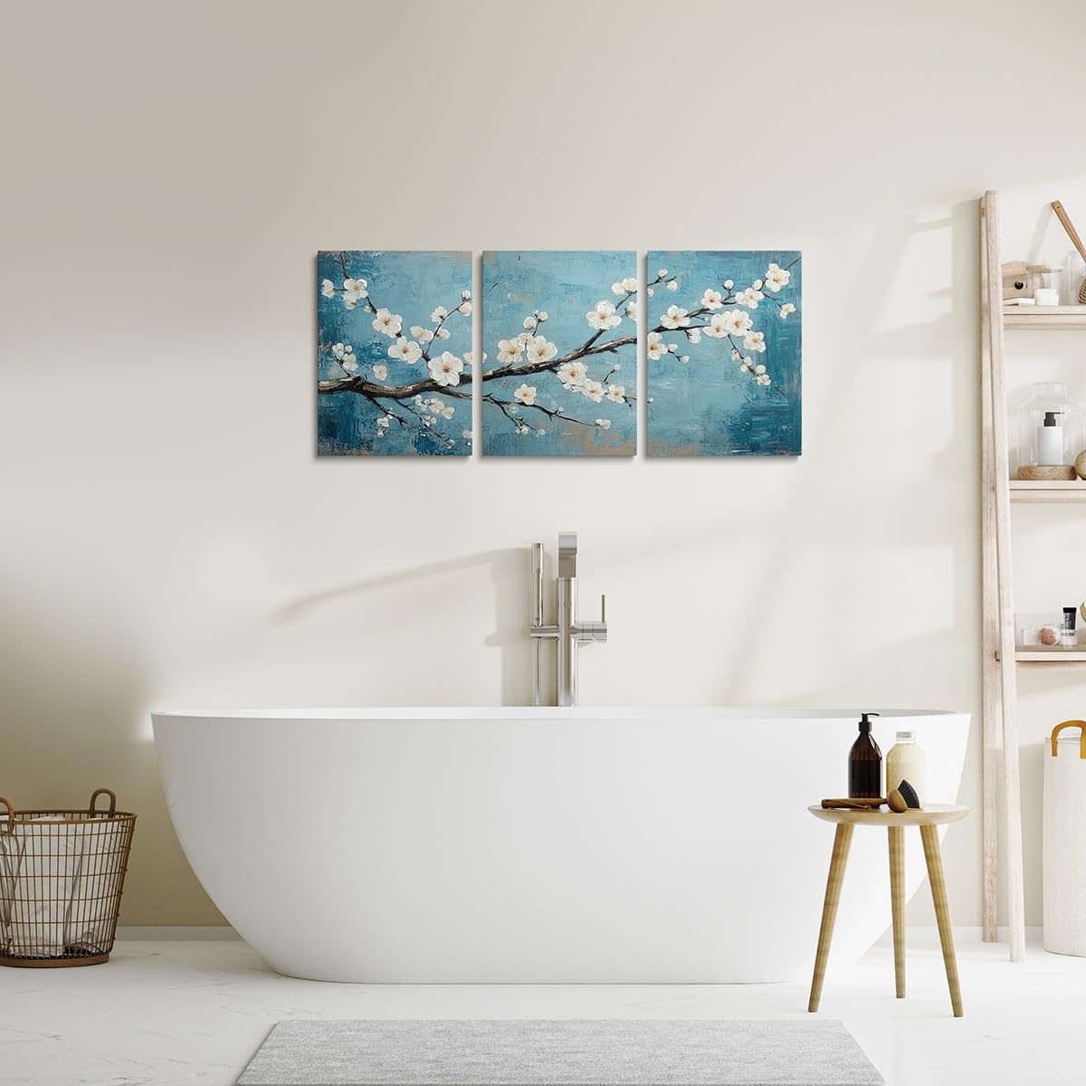 jejeloiu White Plum Blossom Canvas Wall Art for Living Room Bedroom 12"x16"x3pcs Teal Blue Picture Wall Decor for Bathroom Floral Flower Branches Office Decorations Artwork Posters Botanical Painting