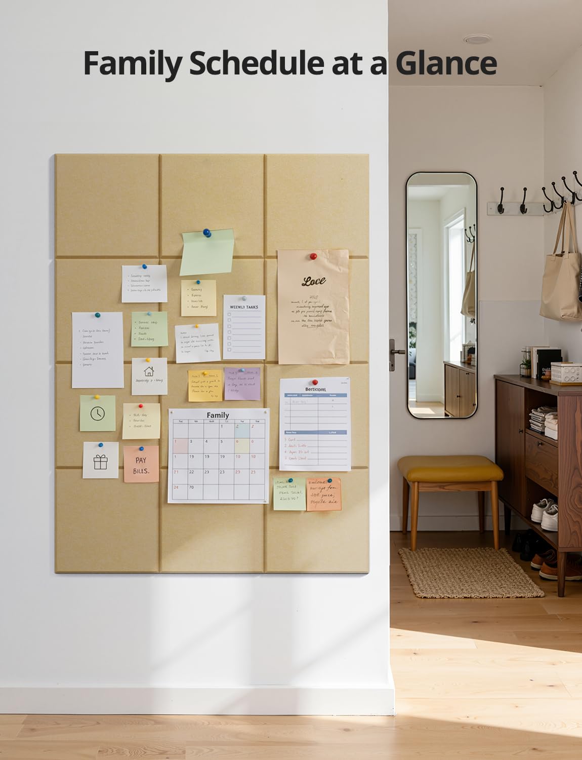 Kuchoow Large Felt Bulletin Cork Board Self-Adhesive Brown Squares Pin Wall Tiles, 48'' x 36'' Vision Tack Panels for Classroom Office Display 12 Pack Corkboard for Kitchen Bedroom Home Decor