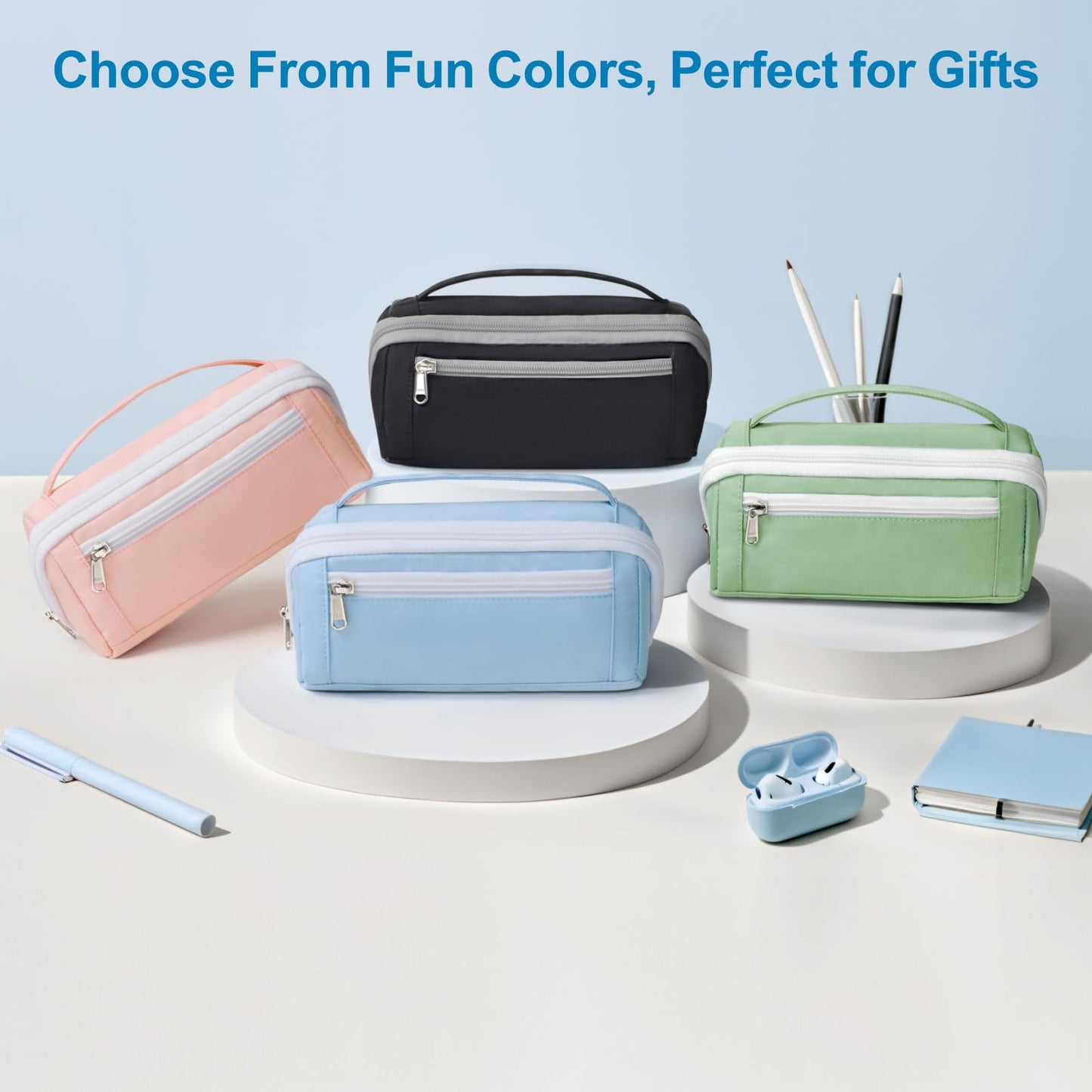 BrainyBees Large Capacity Pencil Case - Pencil Pouch for Teen Girls & Boys, Aesthetic Pouch Organizer with 8 Compartments, Wide Opening Marker Bag for Middle High School College, Fits Calculator, Blue