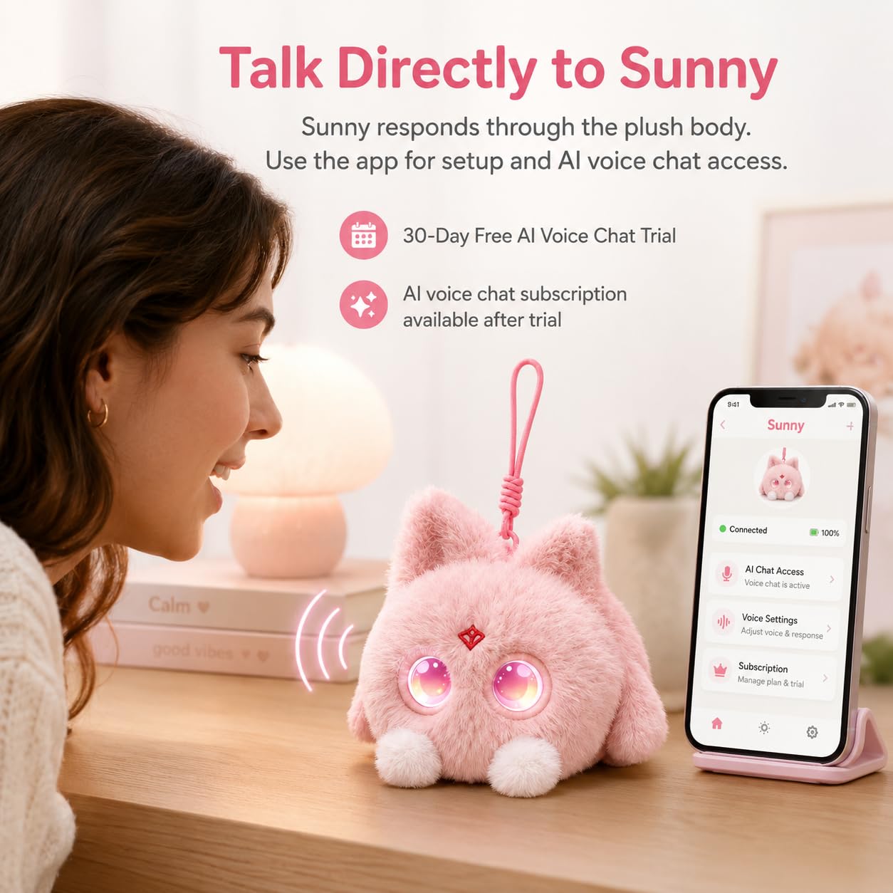 OKIVIVI AI Plush Bag Charm, Interactive Voice Chat Companion Stuffed Animals with App-Connected, Expressive LED Eyes, Touch-Reactive Stuffed Toy, Cute Plush Keychain Gift for Teens and Plush Lovers