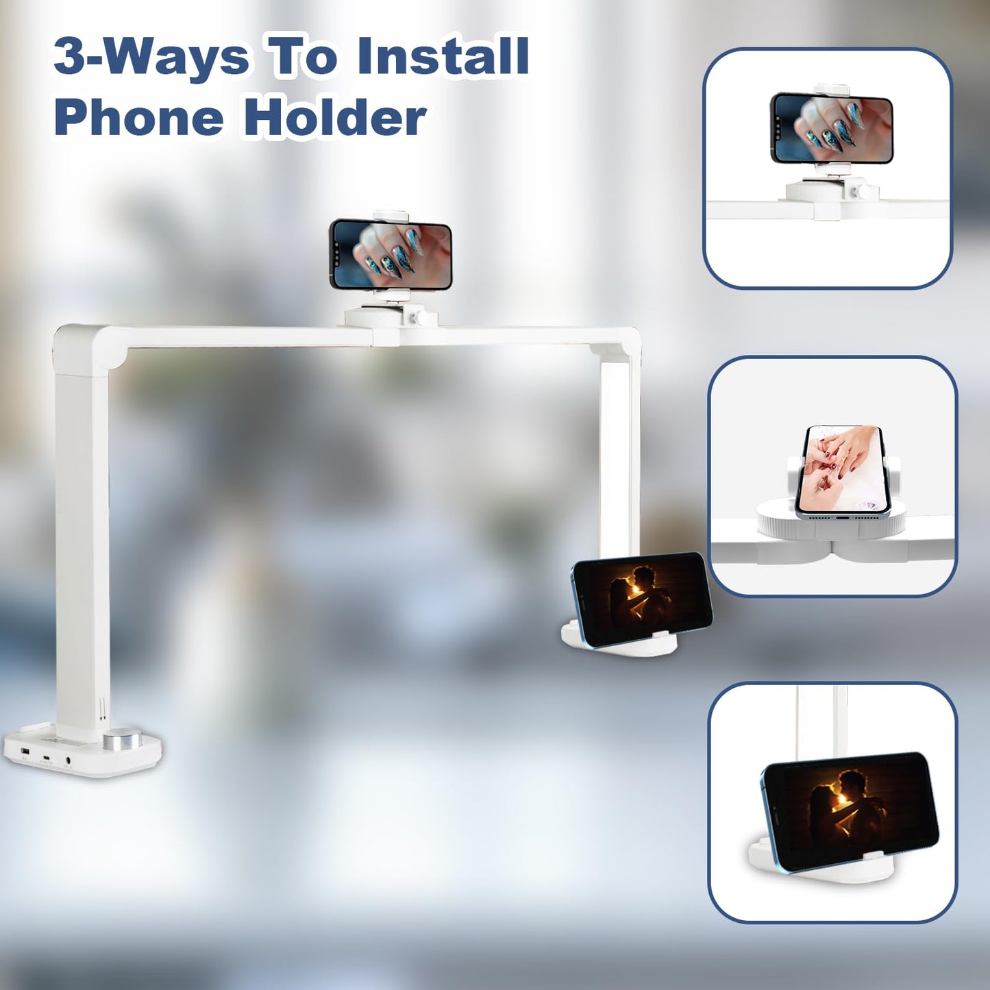 CGBE Nail Table Light - 33.5in Desk Light with Phone Holder, 456 LED, 3 Colors, 10 Brightness Levels, Aluminum, White, Model F800E