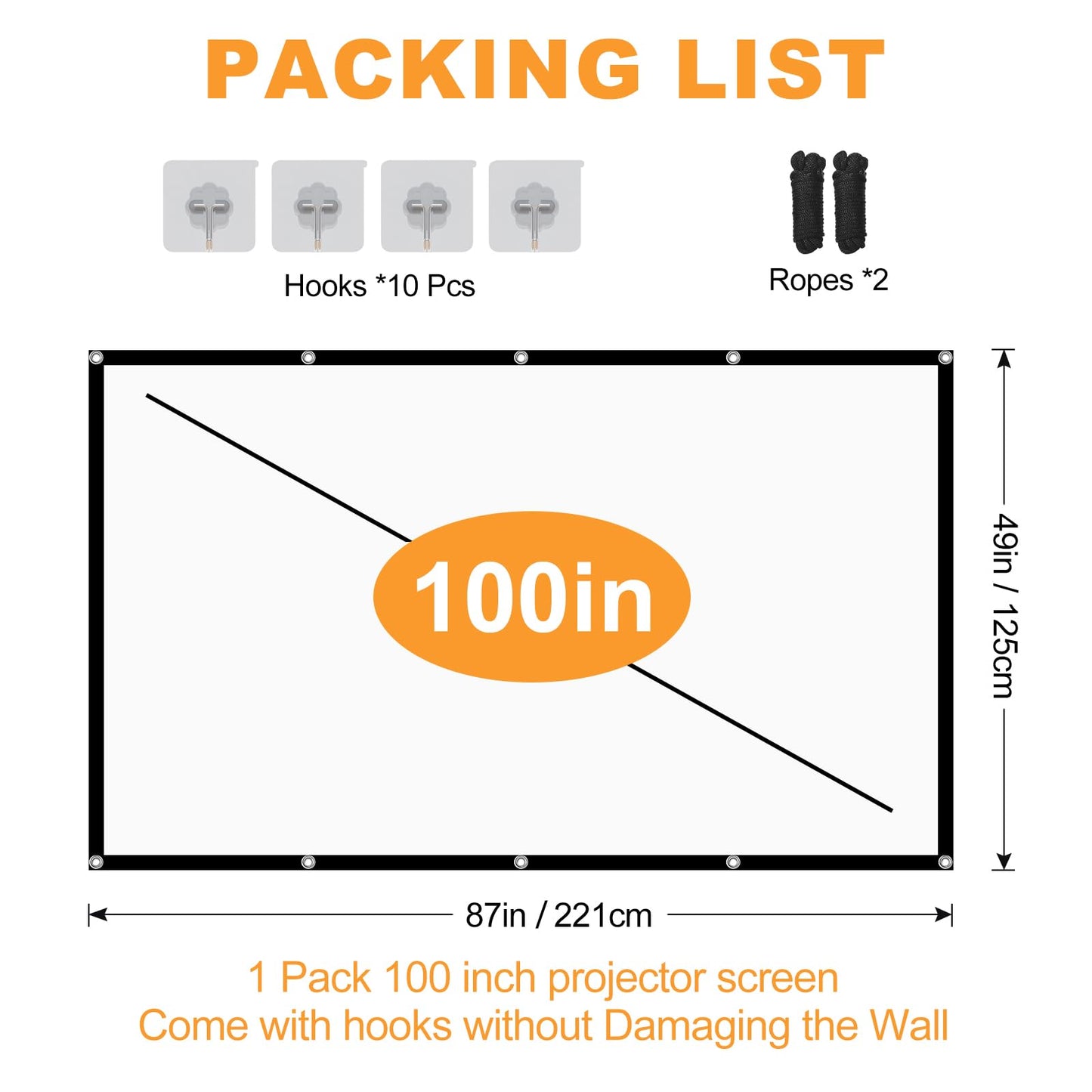 Projector Screen, Outdoor Projector Screen, Washable & Foldable - Ideal for Indoor/Outdoor Home Theater, Camping, Office, 16:9 Aspect Ratio, 4K HD, Projector for Movies On Wall