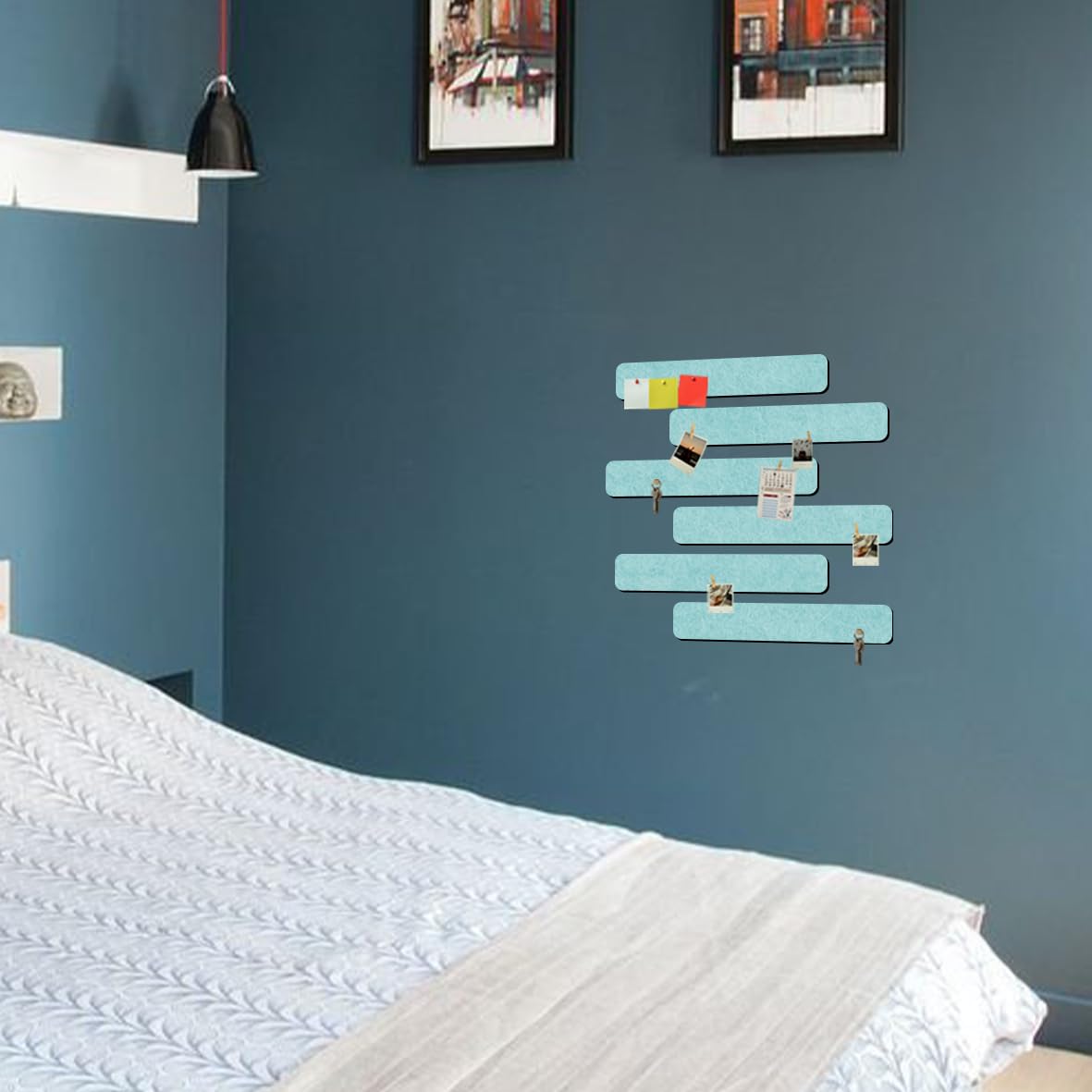 Vuzvuv 8 pcs Bulletin Board Bar Strips with 50 Pushpins & 10 Wooden Clip pins，Self Adhesive Cork Board for Wall，Felt Pin Board for School，Office Decor(Mint Green)