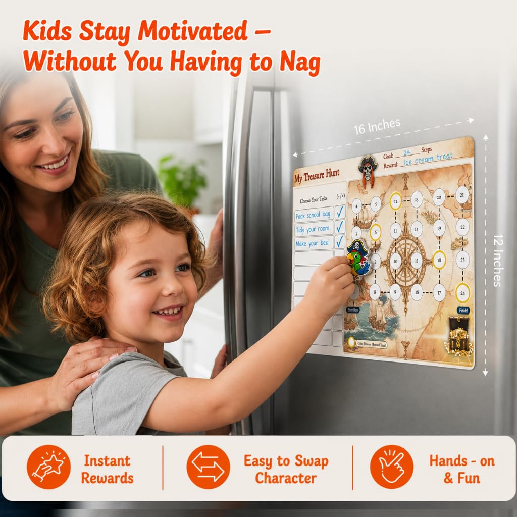 Mimi Doodle Magnetic Reward Chart for Kids – 16x12 Reusable Progress Path & Milestone Board for Fridge with mini Magnetic Characters as Goal Tracker – Behavior Chart for Kids at Home – Pirate Quest