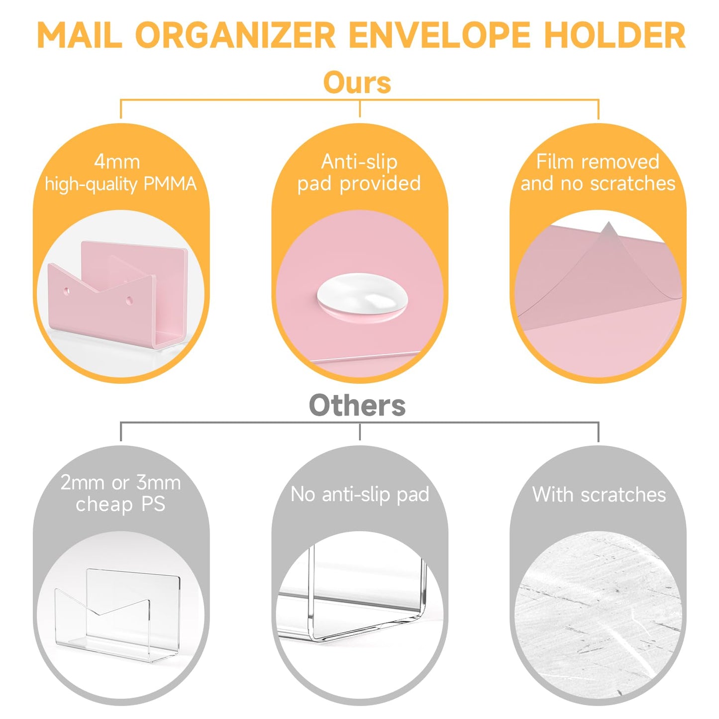 Rulyyo Mail Organizer Envelope Holder - 2 Compartments Pink Acrylic Mail Holder Countertop Vertical Desk Organizer Small File Bill Document Notebook Letter Sorter for Home School Office Supplies