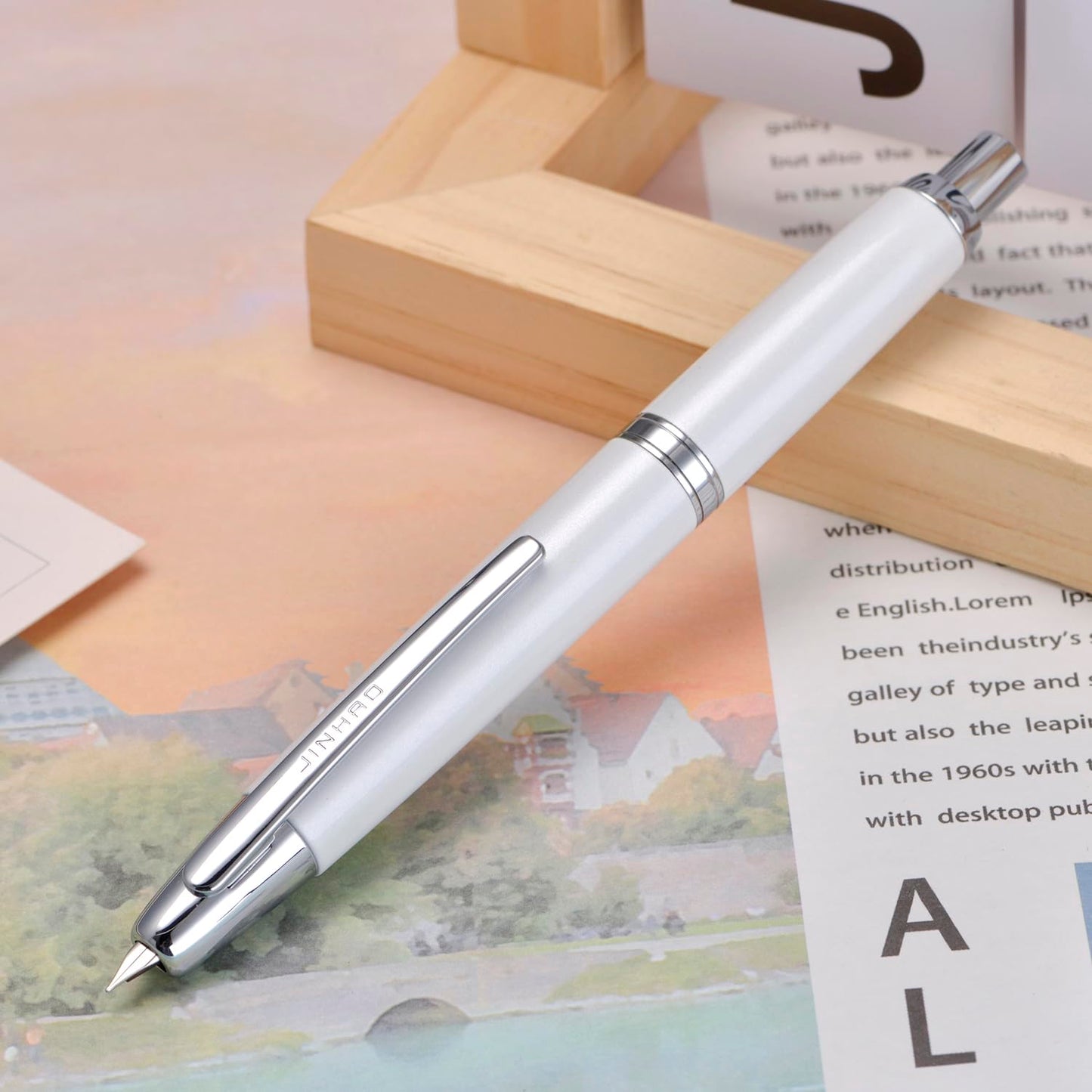 Jinhao 10 Press Fountain Pen with Box, Pearl White Retractable Extra Fine Nib with Ink Converter Set (Silver Clip)