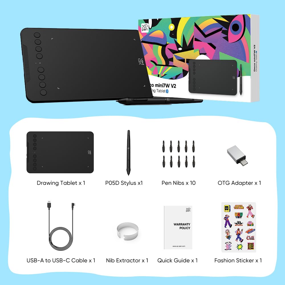 XPPen Deco mini7W V2 Wireless Drawing Tablet, 16384 Levels Pressure Digital Drawing Pad for PC, 7x4.37 Inch Art Tablet with 8 Shortcut Keys, Bluetooth 5.0, Support Windows/macOS/Android/ChromeOS/Linux