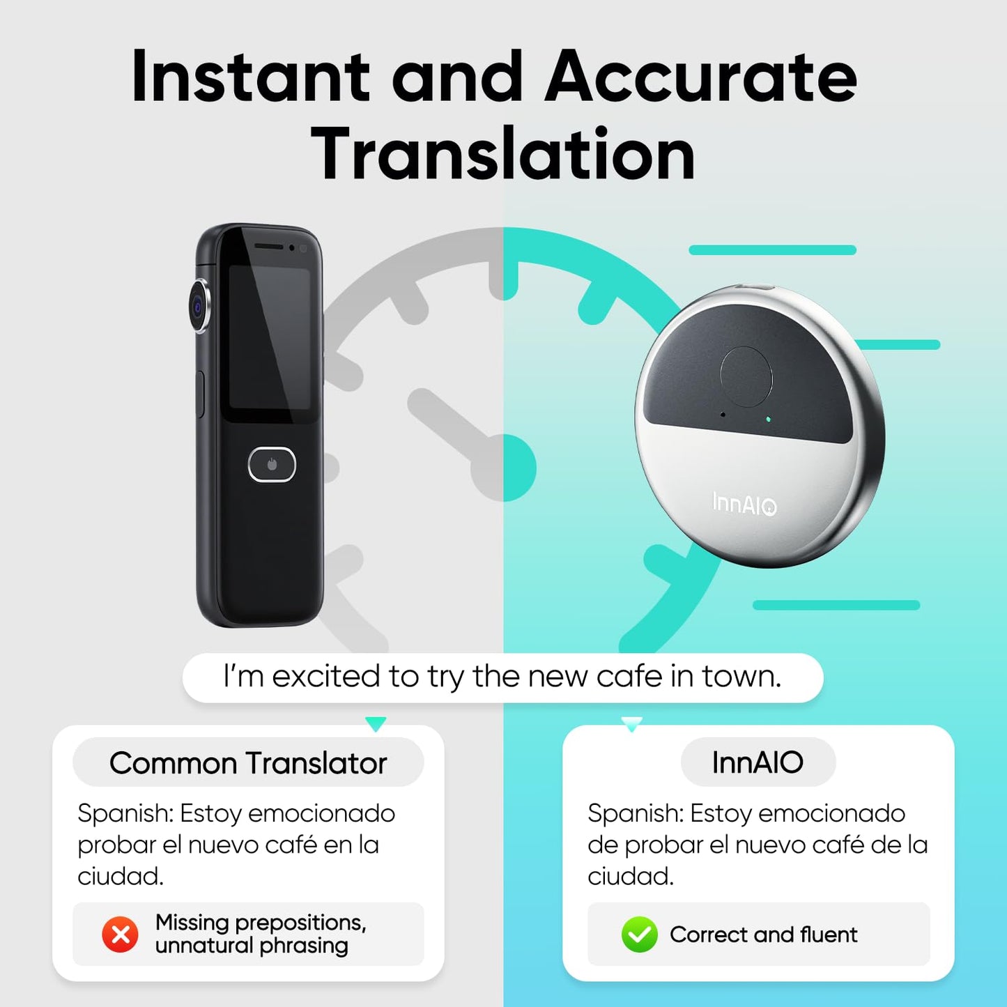 InnAIO T10 AI Language Translator Device, Real-Time Two-Way Voice Translator with GPT Accuracy & Voice Cloning, Pocket Spanish to English Translator for Travel, Business & Video Calls (140+ Languages)