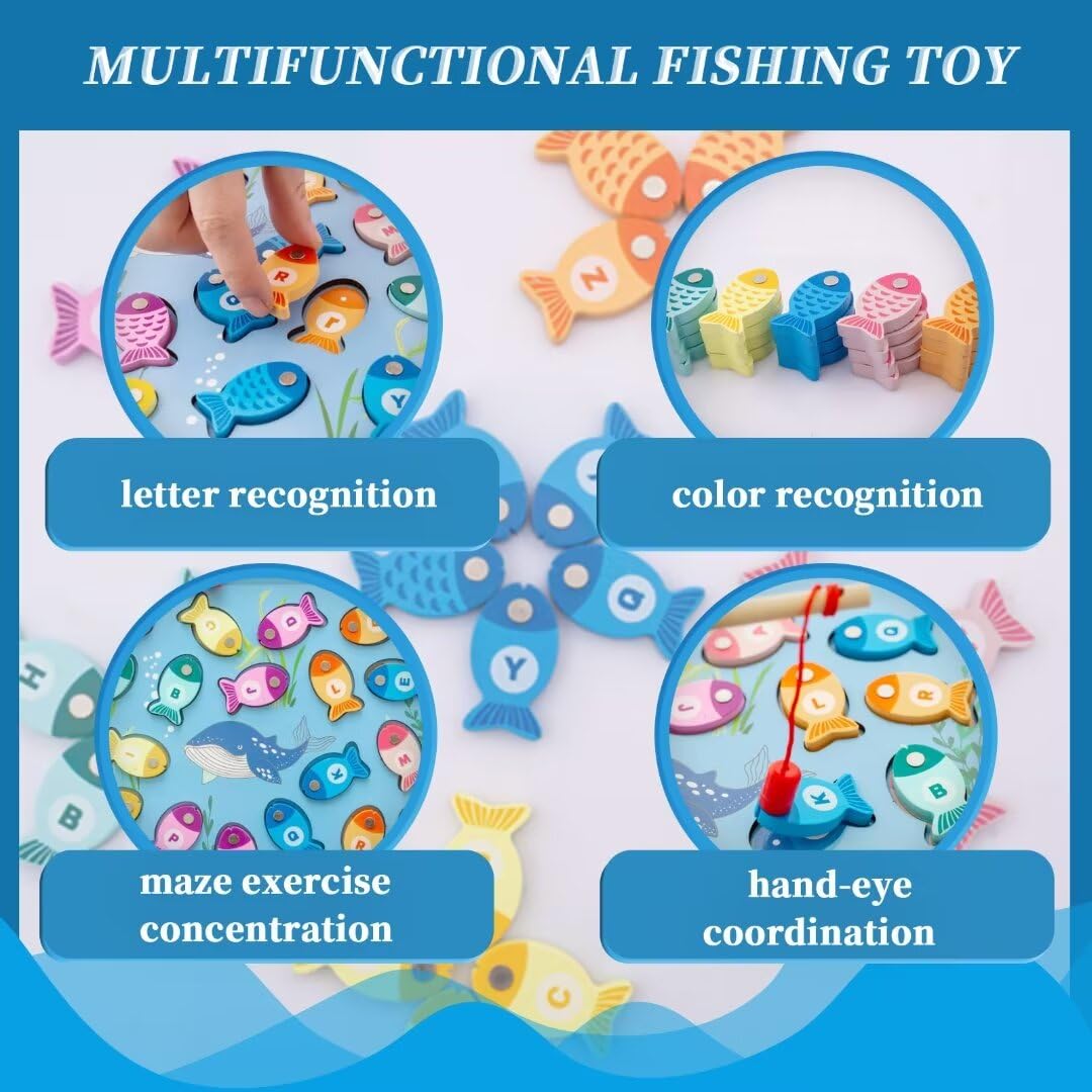 Magnetic Fishing Game for Toddlers, Wooden Alphabet Puzzle Maze Board, Preschool ABC Uppercase Lowercase Letter Matching Game, Montessori Educational Fine Motor Skill Toy for Boy Girl Kids