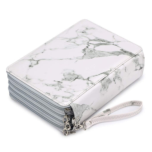 BTSKY 200 Slots Colored Pencil Organizer - Deluxe PU Leather Pencil Case Holder With Removal Handle Strap Pencil Box Large for Colored Pencils Watercolor Pencils White Marble