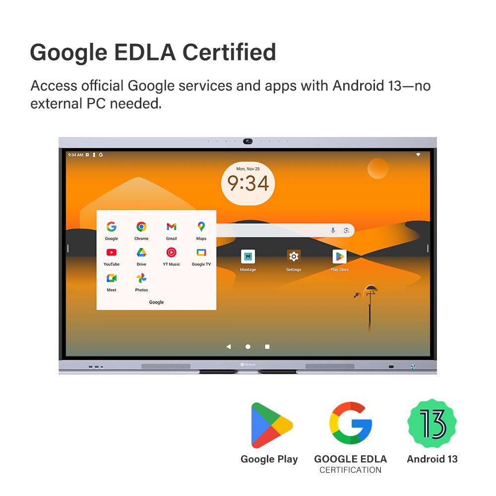 AG Neovo 65" Smart Board with Camera and Microphone, Google EDLA Certified Interactive Whiteboard for Business, Android 13, 4K Resolution, Wireless Screen Sharing, Digital Whiteboard (IFP6504P-AO)