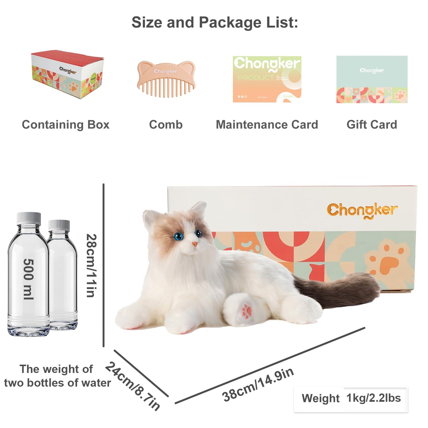 Chongker Interactive Companion Robot Cat Pets, Handmade Weighted Stuffed Animals, Cat Plush Toy with Voice Response, Realistic Heartbeat and Purring, Ragdoll Cat