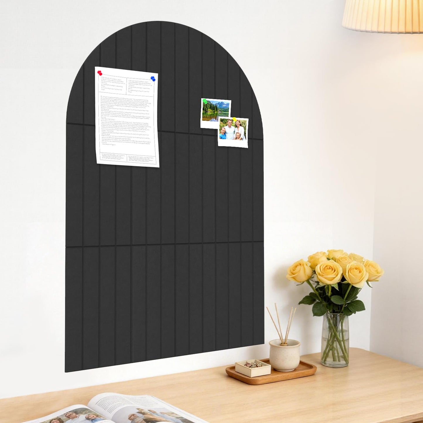 Large Arched Felt Bulletin Board 35" x 24",Cork Board Alternative - 6 Customized Felt Wall Tiles with Push Pins, Cork Boards for Walls Pin Board for Office & Home Panels - Black
