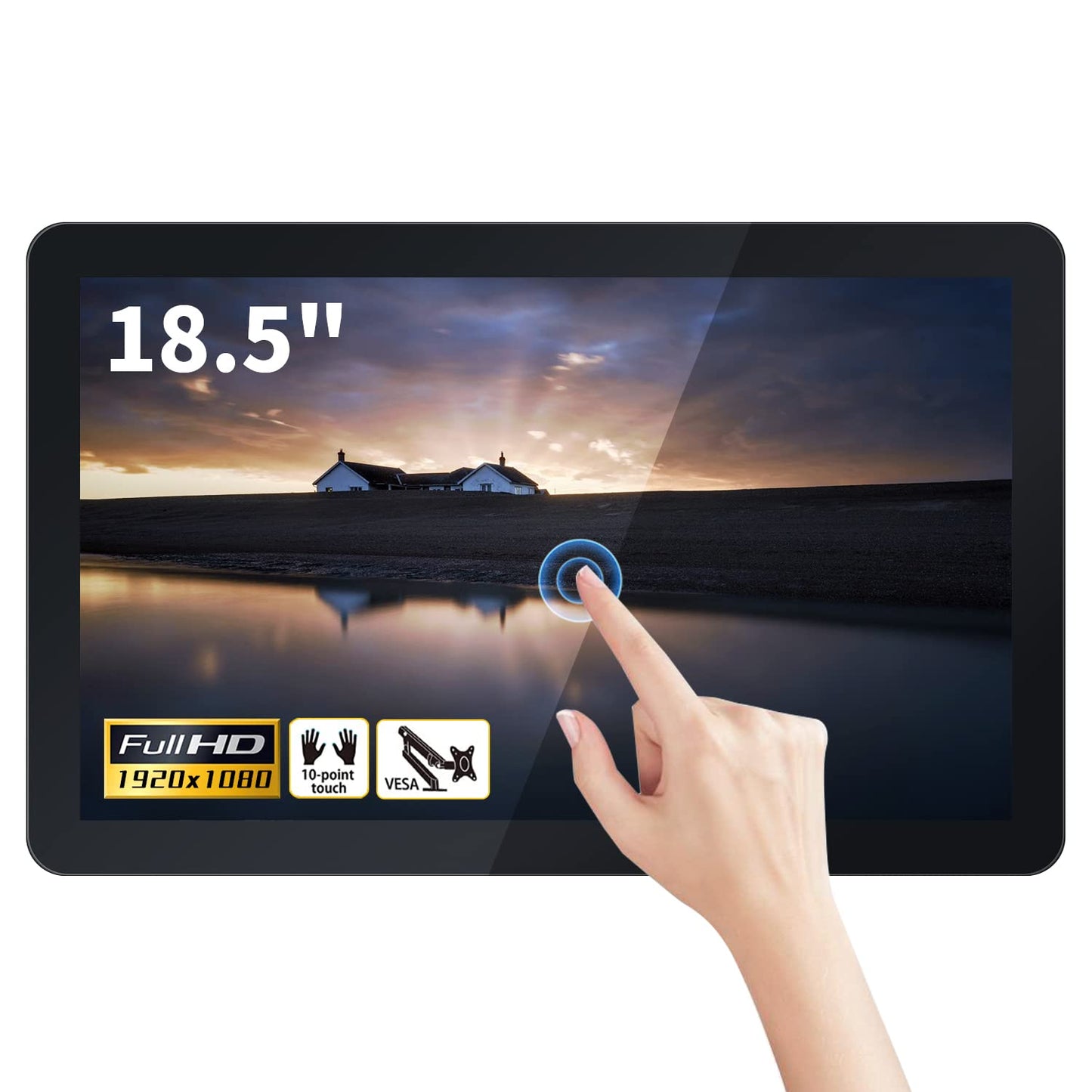 TouchWo 18.5 inch Capacitive Multi-Touch Screen Industrial Monitor, 16:9 Display 1920 x 1080P, Built-in Speakers, VGA, DVI & HD-MI Monitor for PC, POS, Small Business, Restaurant