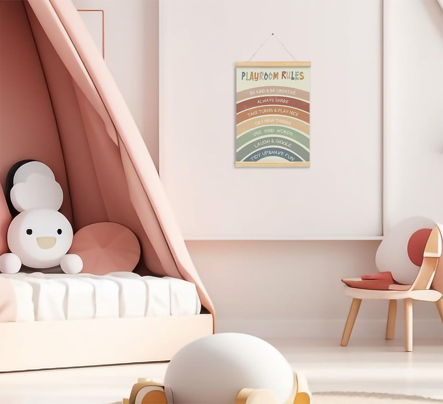 foedor Boho Rainbow Nursery Playroom Rules Wall Art with Wooden Frames,Playroom Wall Decor Canvas Hanging Banner,Playroom Sign Affirmations Prints Framed for Classroom Kids Room Wall Decor,12x16 Inch