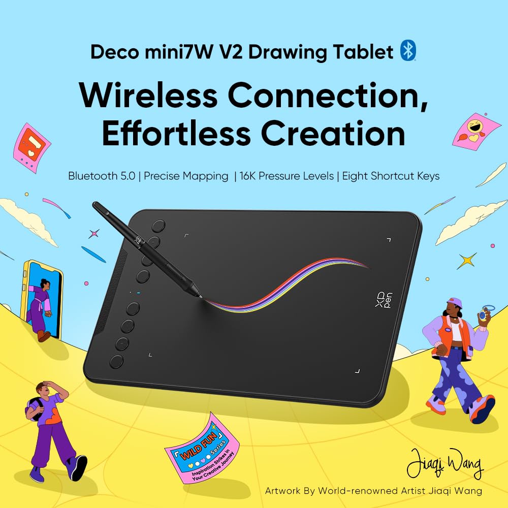 XPPen Deco mini7W V2 Wireless Drawing Tablet, 16384 Levels Pressure Digital Drawing Pad for PC, 7x4.37 Inch Art Tablet with 8 Shortcut Keys, Bluetooth 5.0, Support Windows/macOS/Android/ChromeOS/Linux