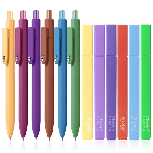 Piochoo Highlighters and Pens Set,6 Pack Highlighters Assorted Colors and 6 Pack 0.5mm Gel Pens Black Ink Smooth Writing for Women Nurse Men School Supplies